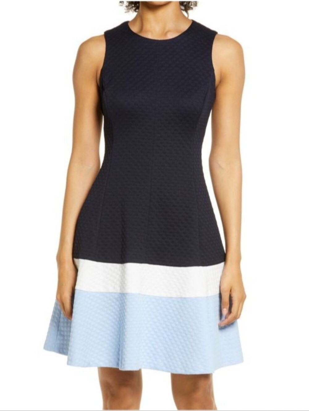 Eliza J quilted colorblock fit and flare cocktail dress in navy and light blue.